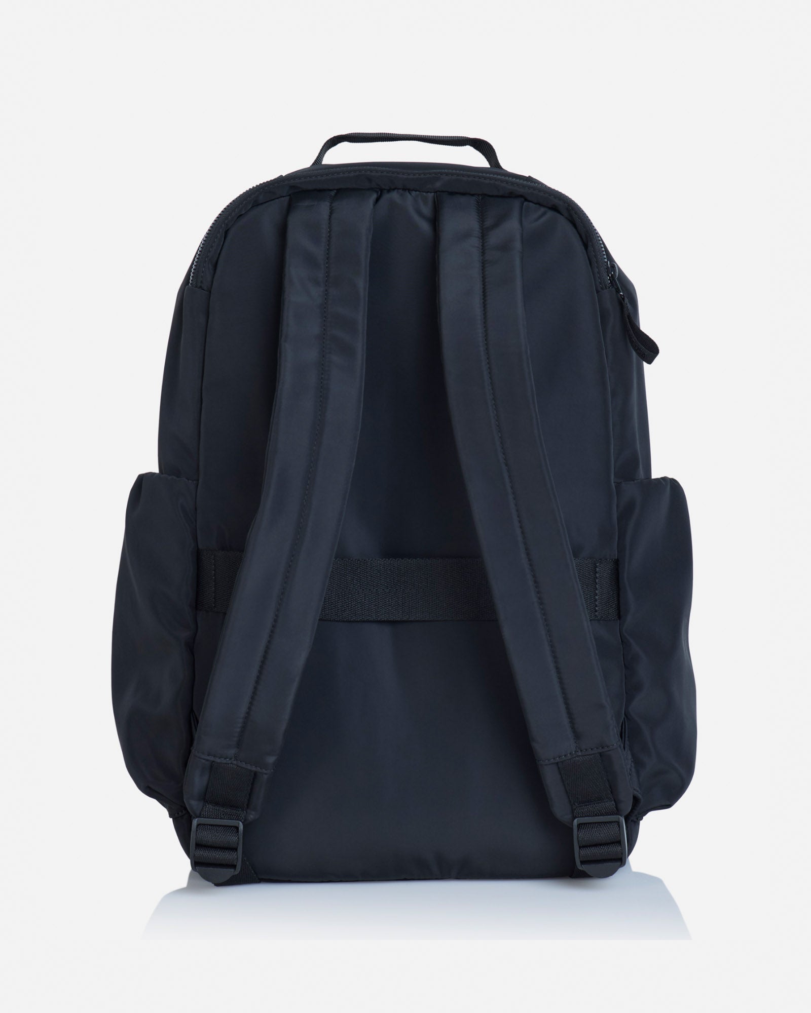 Back of simple black backpack