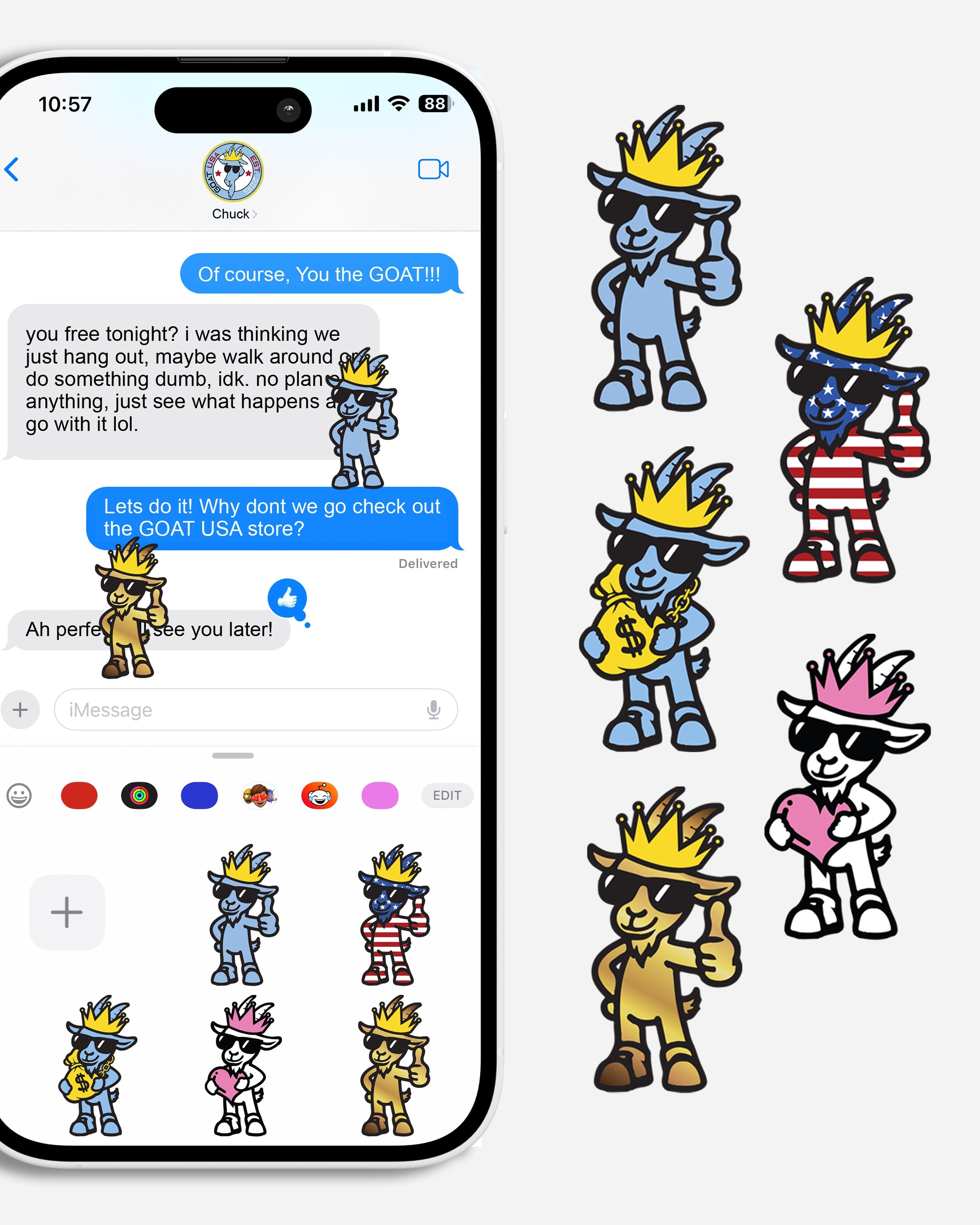 Phone with text conversation and various cartoon goat icons
