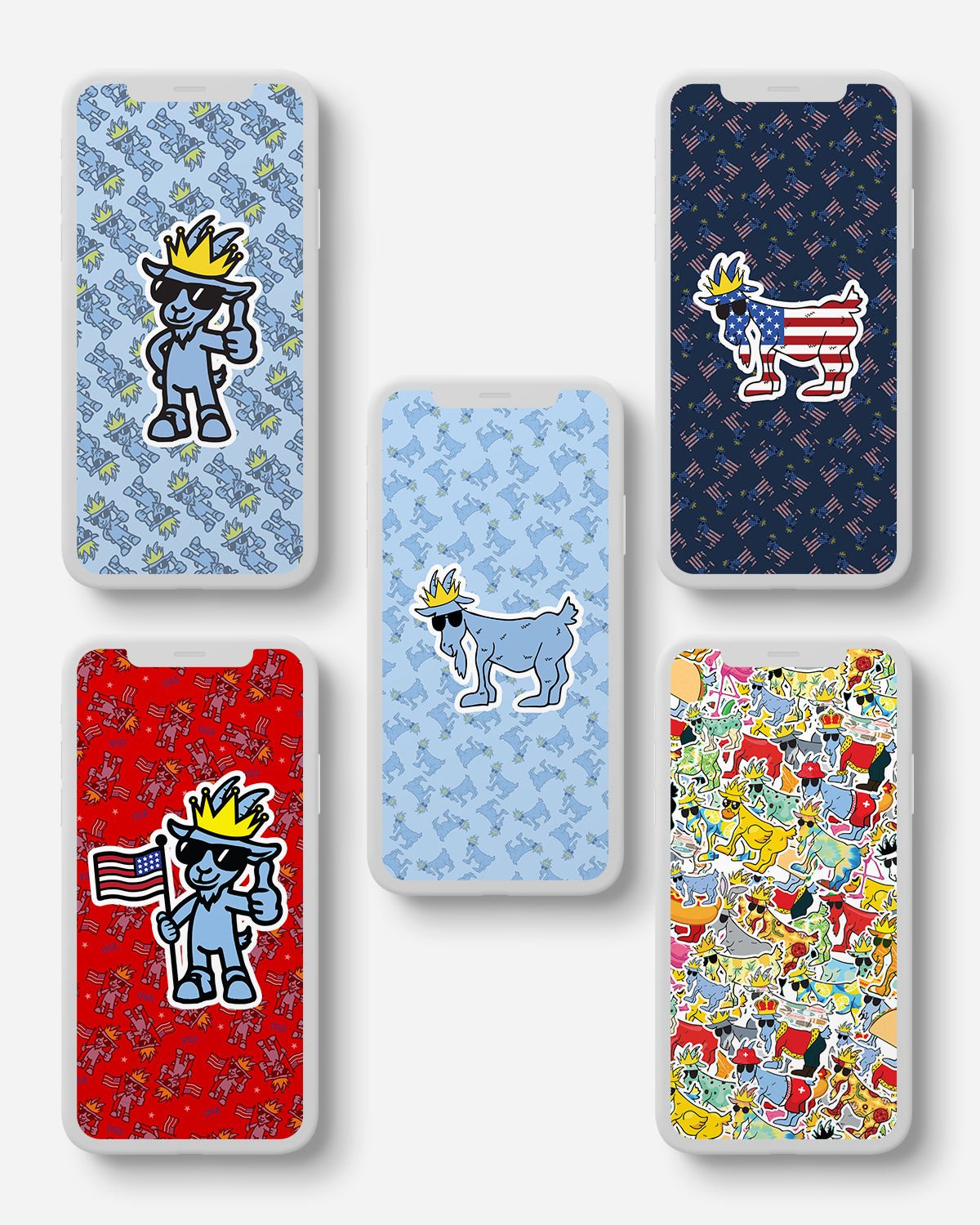 Set of five phone cases with various designs on a light gray background