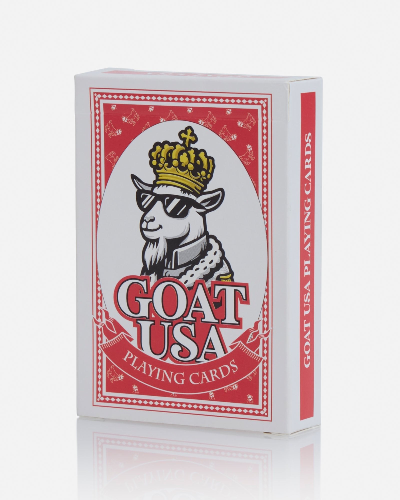 Goat USA playing cards packaging with a goat wearing sunglasses and a crown on a red and white background.#color_red