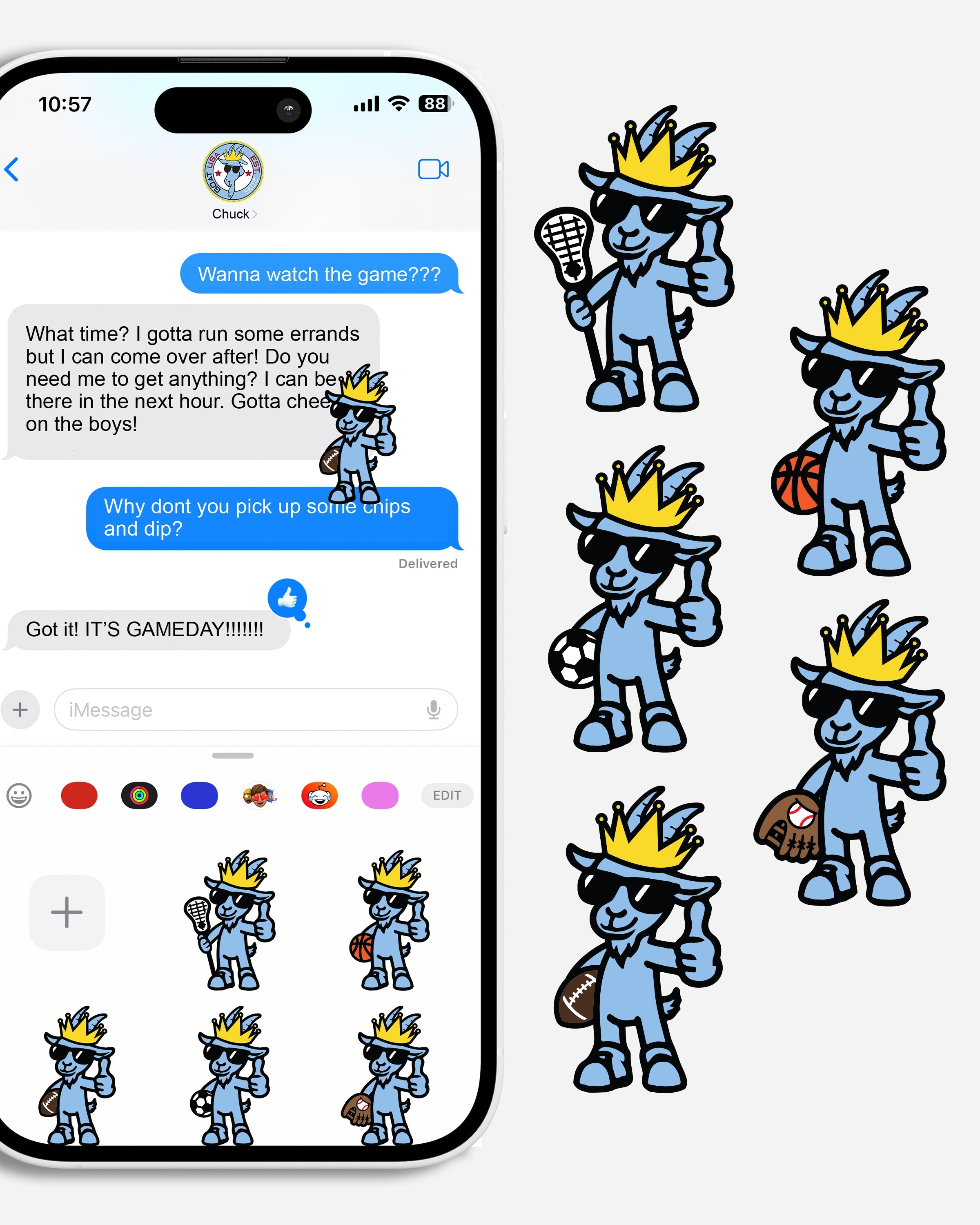 Phone with text conversation and various cartoon goat icons