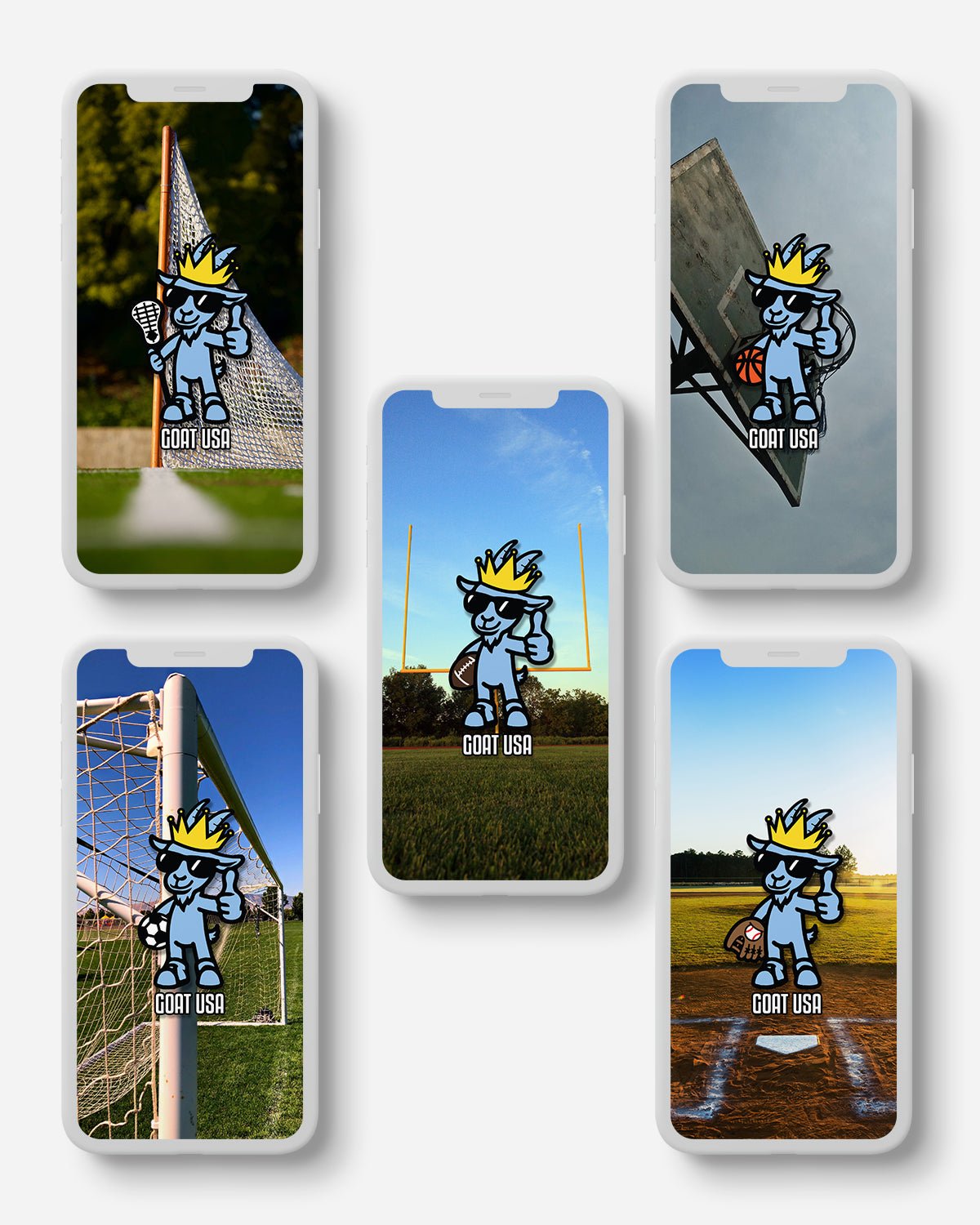 Set of phone cases with sports-themed designs on a light gray background