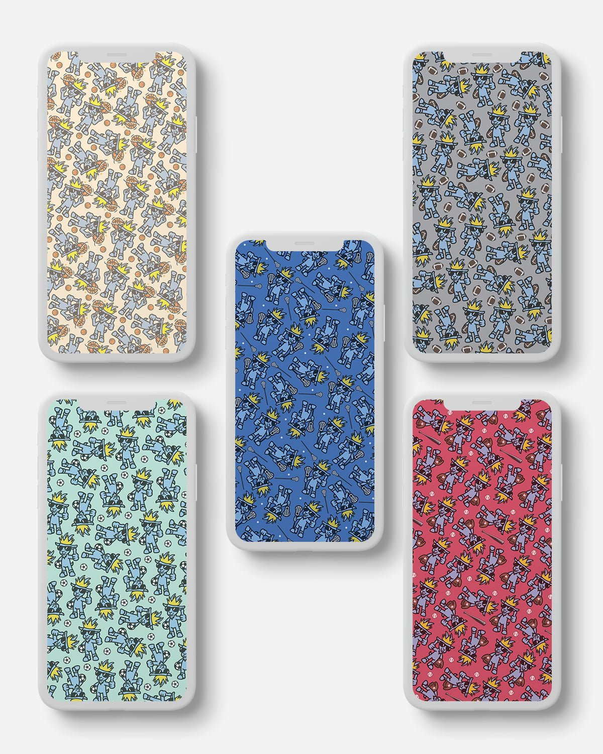 Set of five patterned phone cases on a light gray background