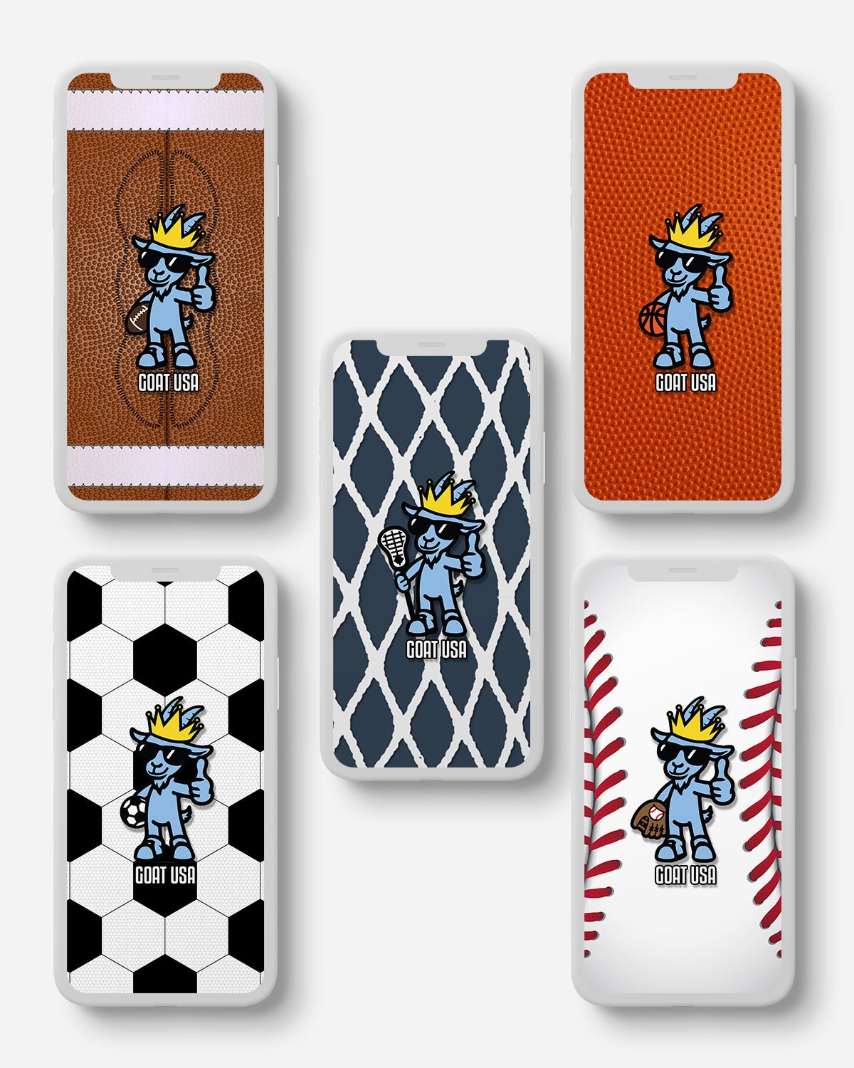Five phone case designs with cartoon character and sports-themed patterns on a light gray background.