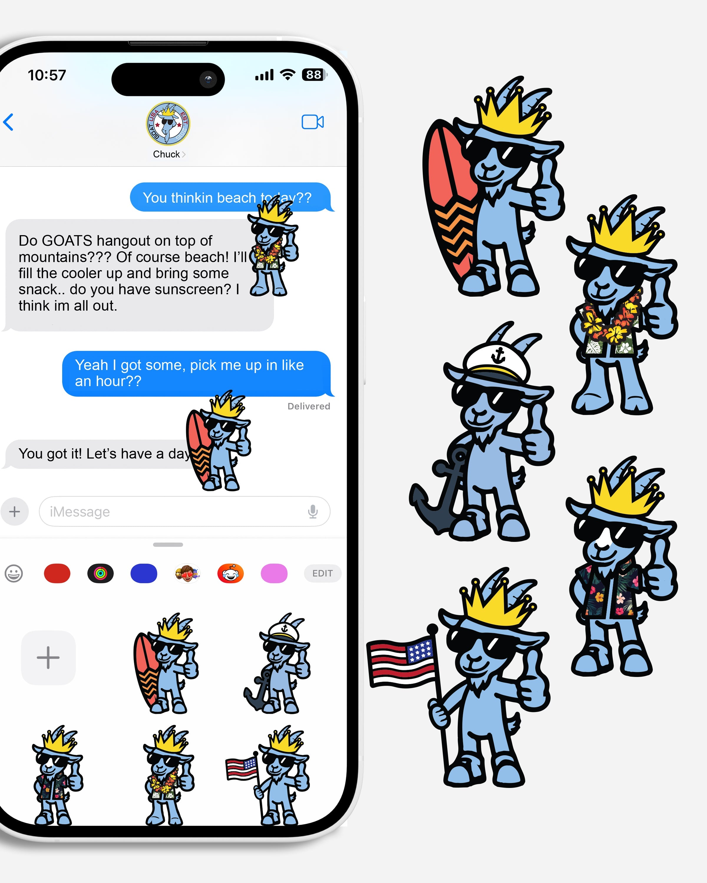 Phone with text conversation and various cartoon goat icons