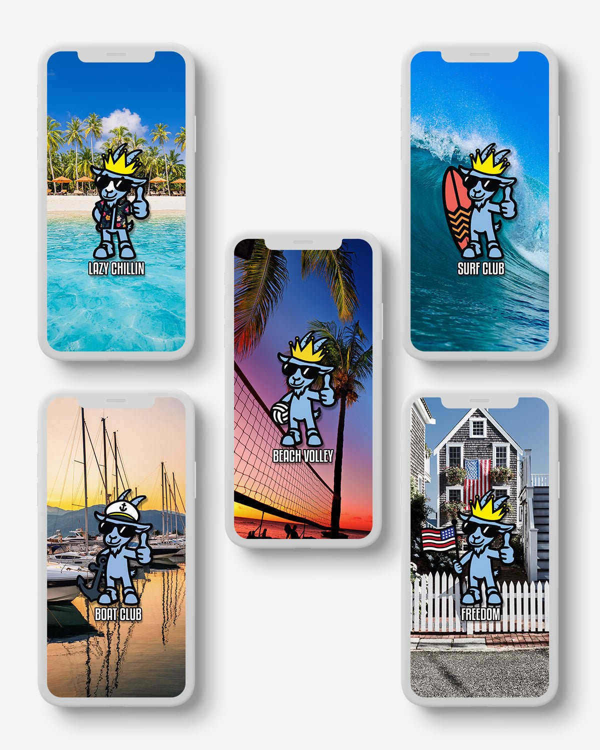 Set of five phone cases with beach-themed designs on a light gray background