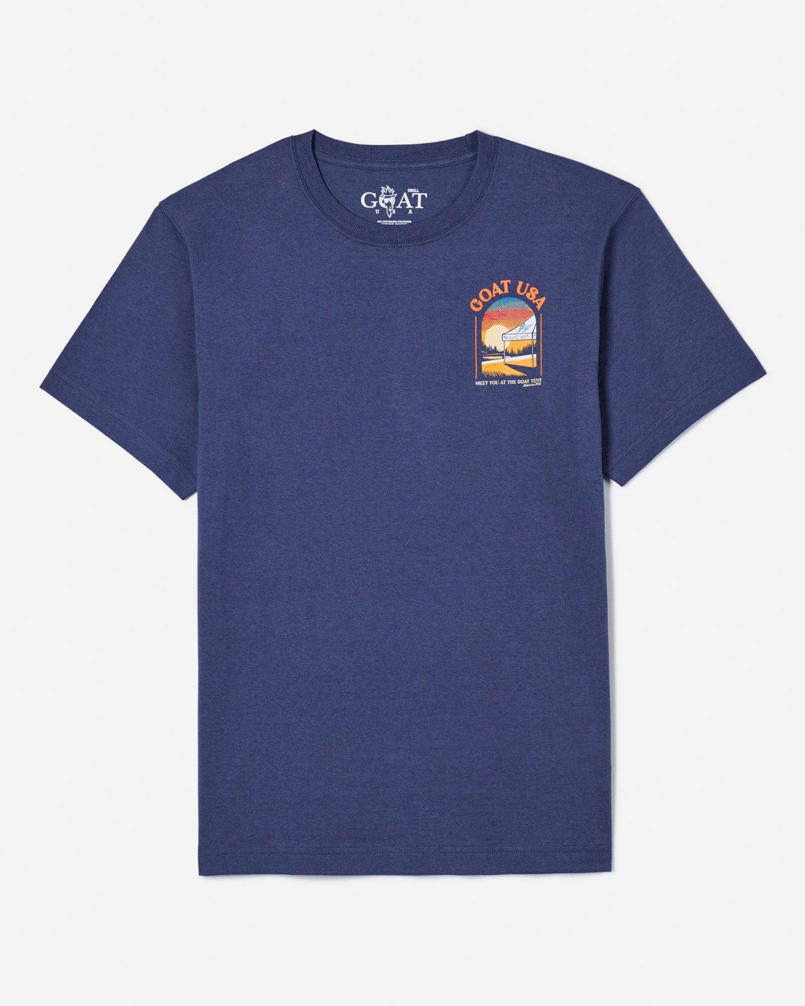Front of navy t-shirt with GOAT USA signature tent left-chest logo