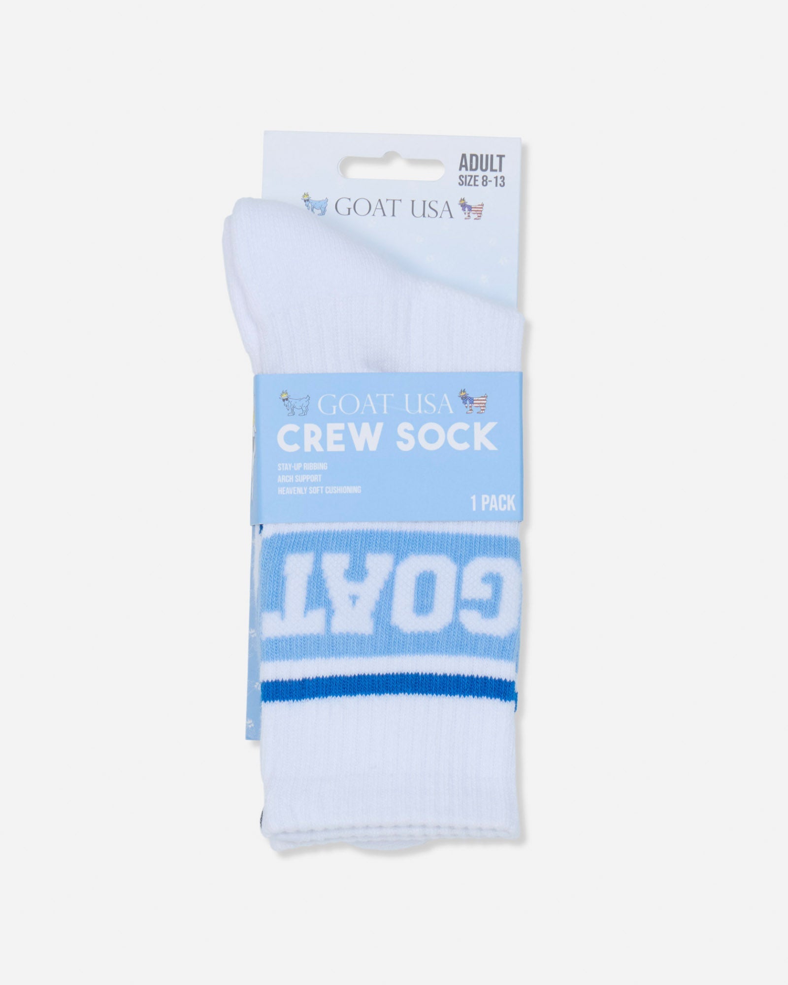 A 1-pack of GOAT USA crew socks in white with light blue and dark blue stripes, shown in its retail packaging against a light gray background.#color_carolina-blue