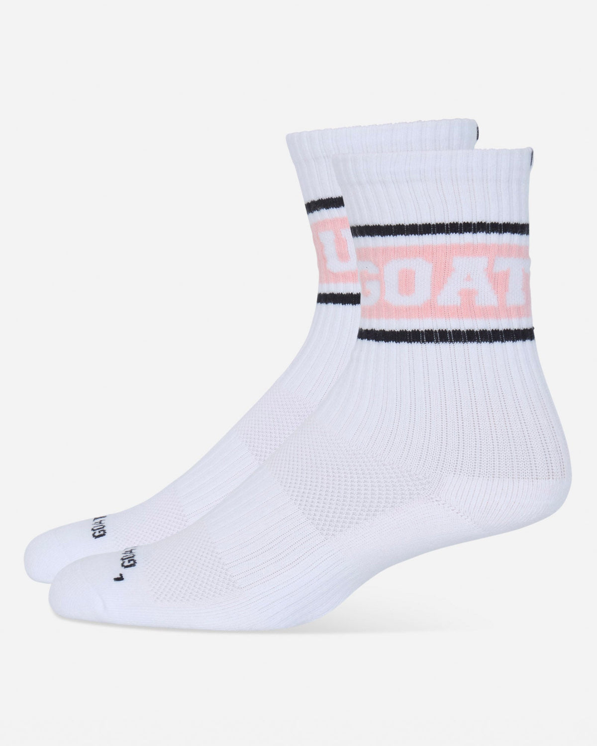 A pair of white crew socks with black stripes and a pink 'GOAT' logo on the side, displayed against a light gray background.#color_pink