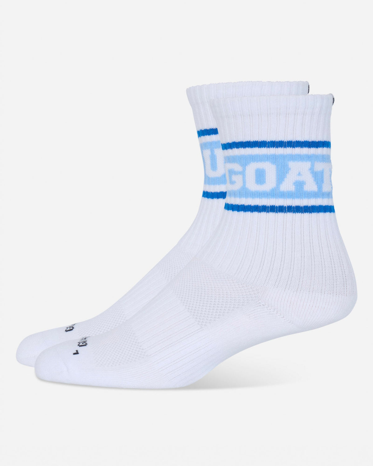 A pair of white athletic crew socks with light blue stripes and 'GOAT' printed in light blue on the side, displayed against a light gray background.#color_carolina-blue