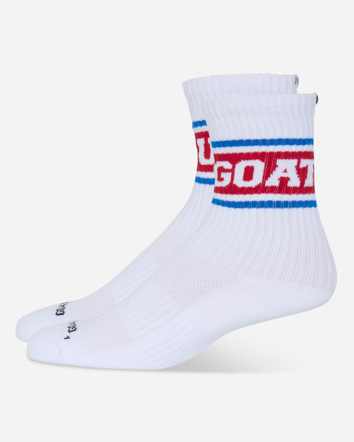 A pair of white crew socks with a red and blue athletic stripe design on the cuff, featuring the word 'GOAT' in white block letters inside the red stripe.#color_true-red
