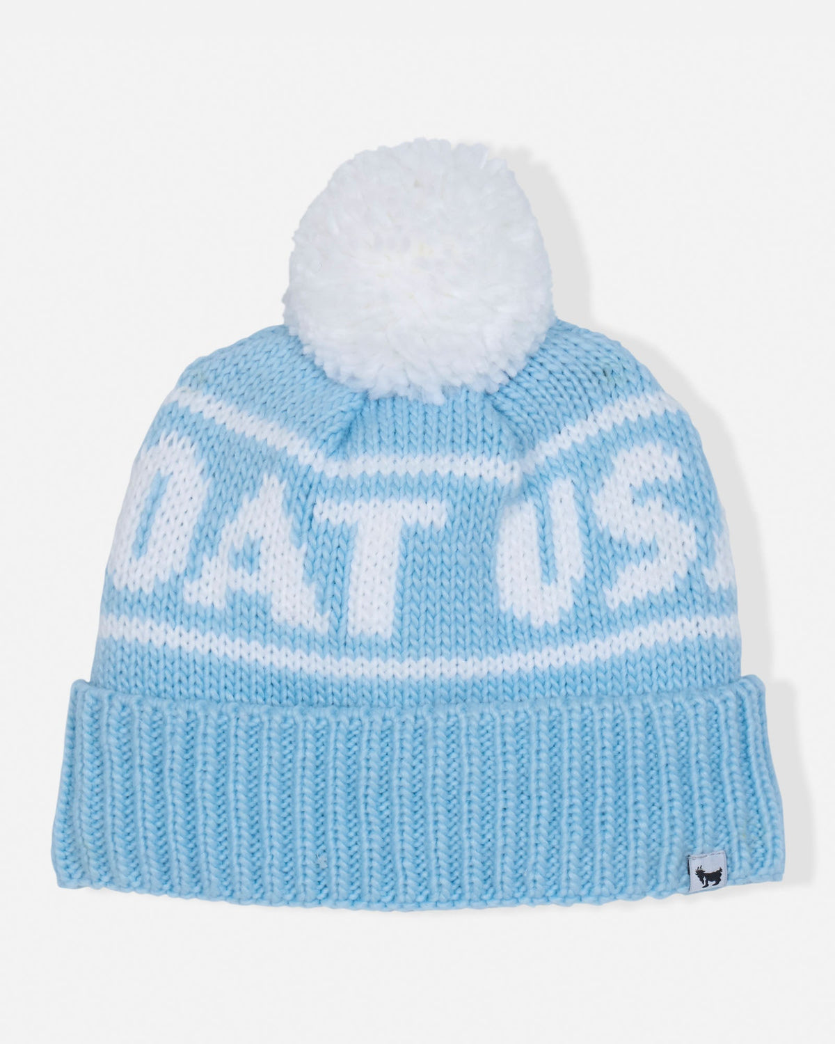 A light blue and white knit pom-pom beanie with 'GOAT USA' knitted across the front, displayed on a clean white background.