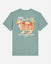 A sage green short-sleeve t-shirt with a retro graphic of a stack of pancakes wearing a crown and sunglasses, with the text 'HOT Goatcakes MADE FRESH' and 'GOAT USA BREAKFAST Union' on a light gray background.