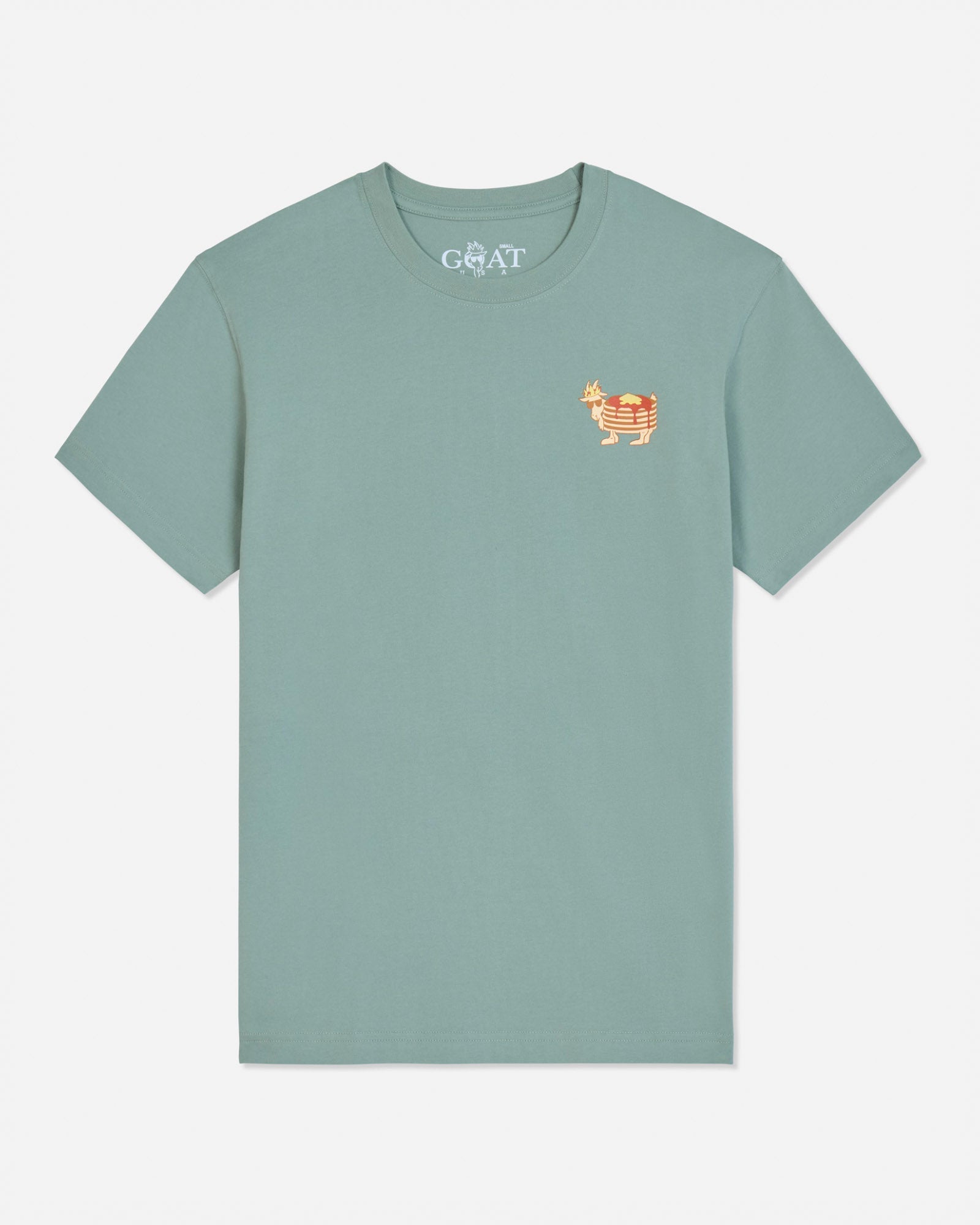 A sage green short-sleeve t-shirt featuring a small embroidered goat logo on the left chest in orange and white.