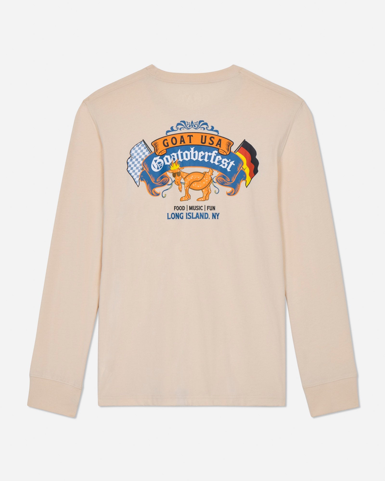 Beige long-sleeve shirt with a colorful graphic on the back against a light gray background