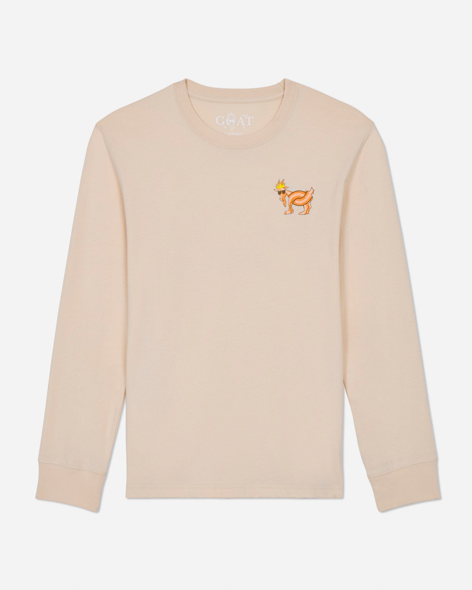 Beige long-sleeve shirt with a small logo on a light gray background