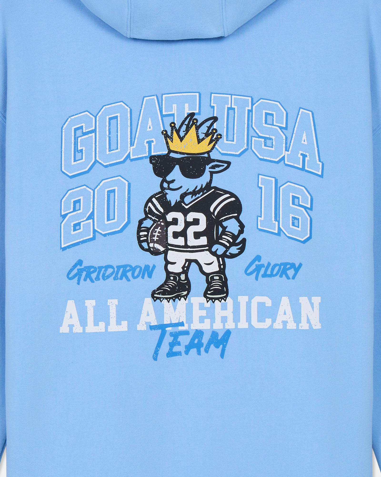 Light blue hoodie with graphic design and text