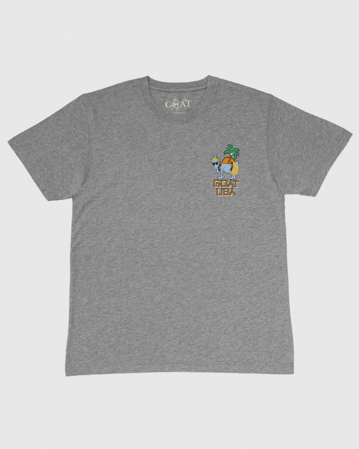 Front of gray t-shirt with Chuck the GOAT wearing Hawaiian attire left-chest logo
