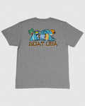 Back of gray t-shirt with Chuck the GOAT in a tropical setting wearing Hawaiian attire