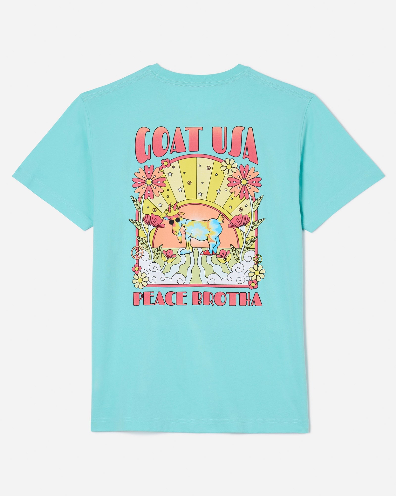 Back of aqua sky t-shirt with hippie GOAT graphic