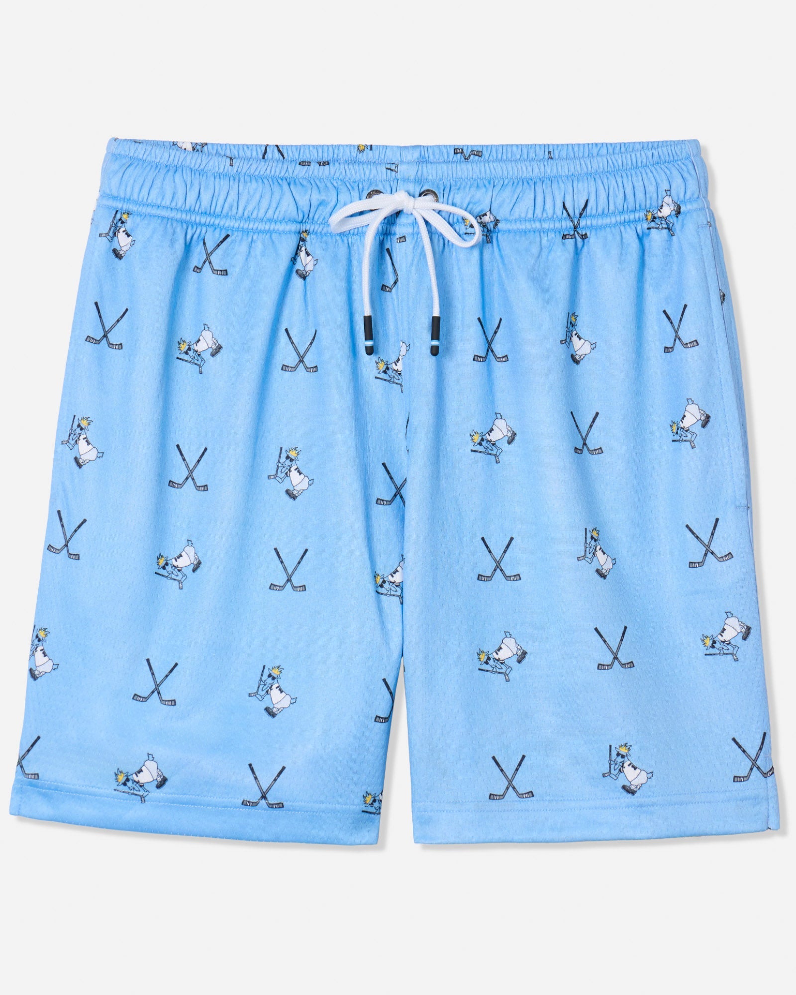 Front of blue mesh shorts with hockey goat print