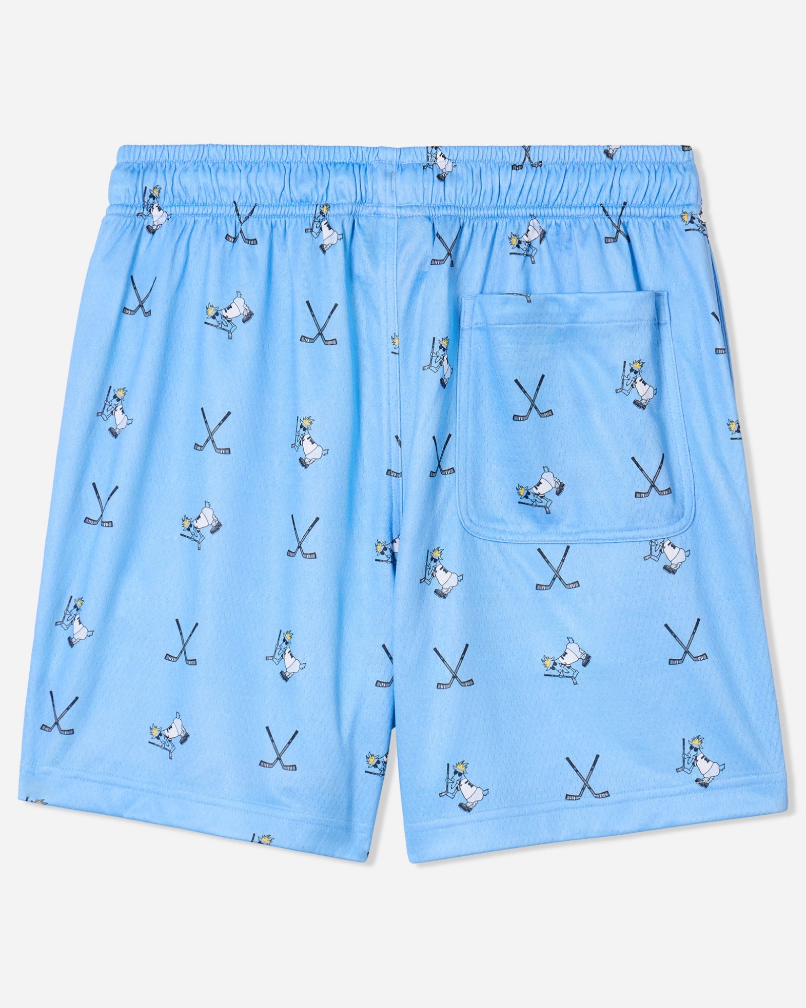 Back of blue mesh shorts with hockey goat print