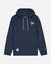 Front of navy hoodie with hockey player goat left-chest logo