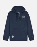 Front of navy hoodie with hockey player goat left-chest logo