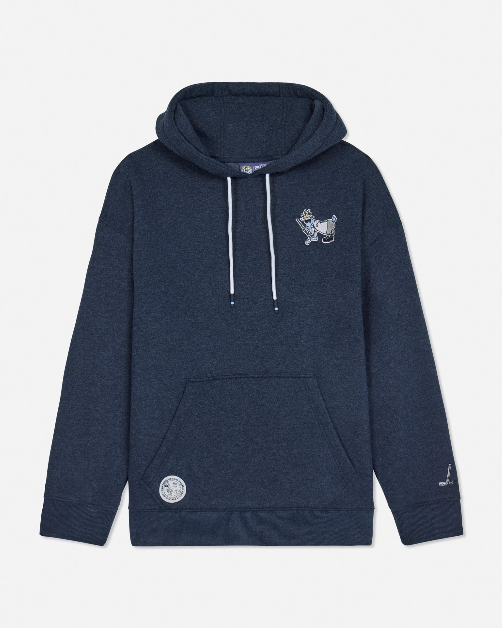 Front of navy hoodie with hockey player goat left-chest logo