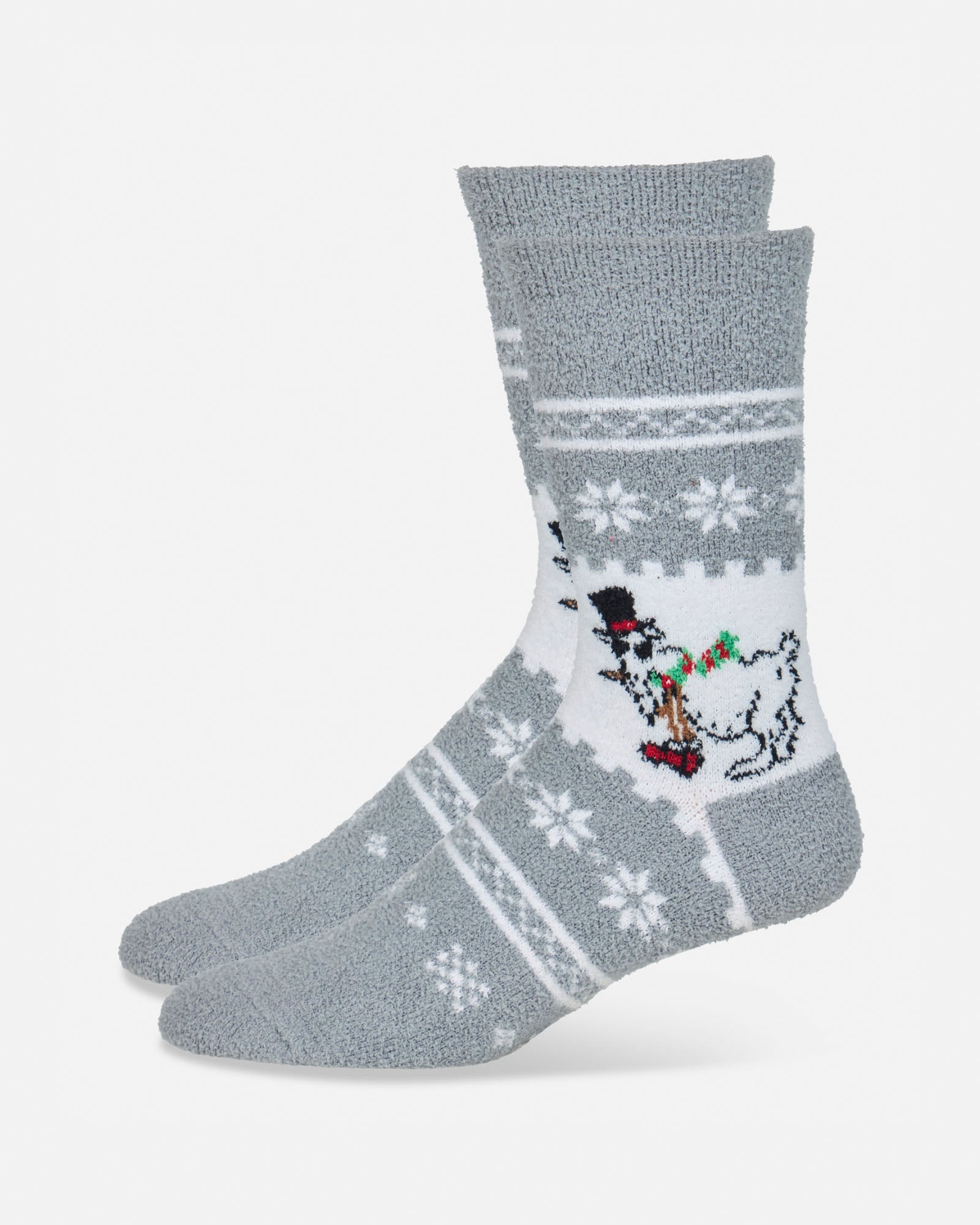 Gray socks with a snowman design on a white background