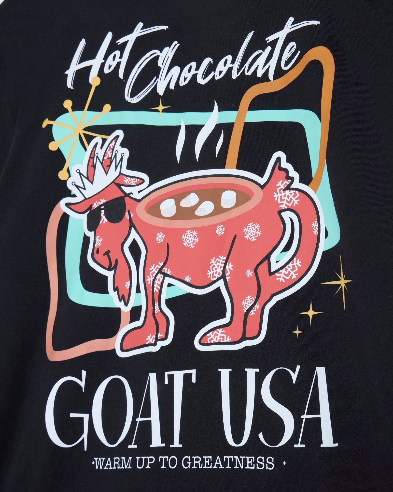 Black t-shirt with a graphic of a goat hot chocolate and text 'Hot Chocolate Goat USA Warm Up to Greatness'.