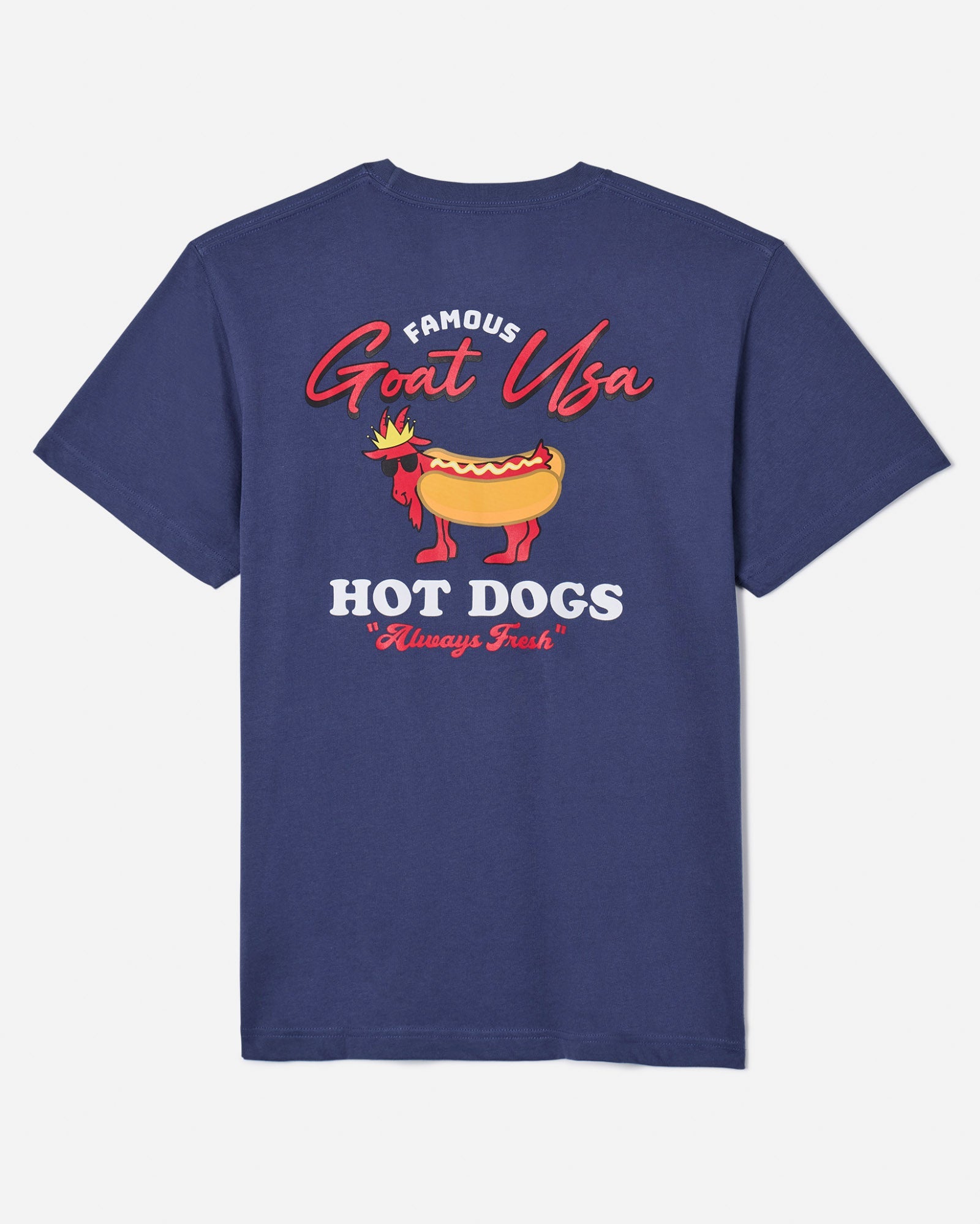 Navy t-shirt with hot dog goat design#color_navy