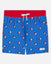Blue swim shorts with red waistband and cartoon character pattern on a white background