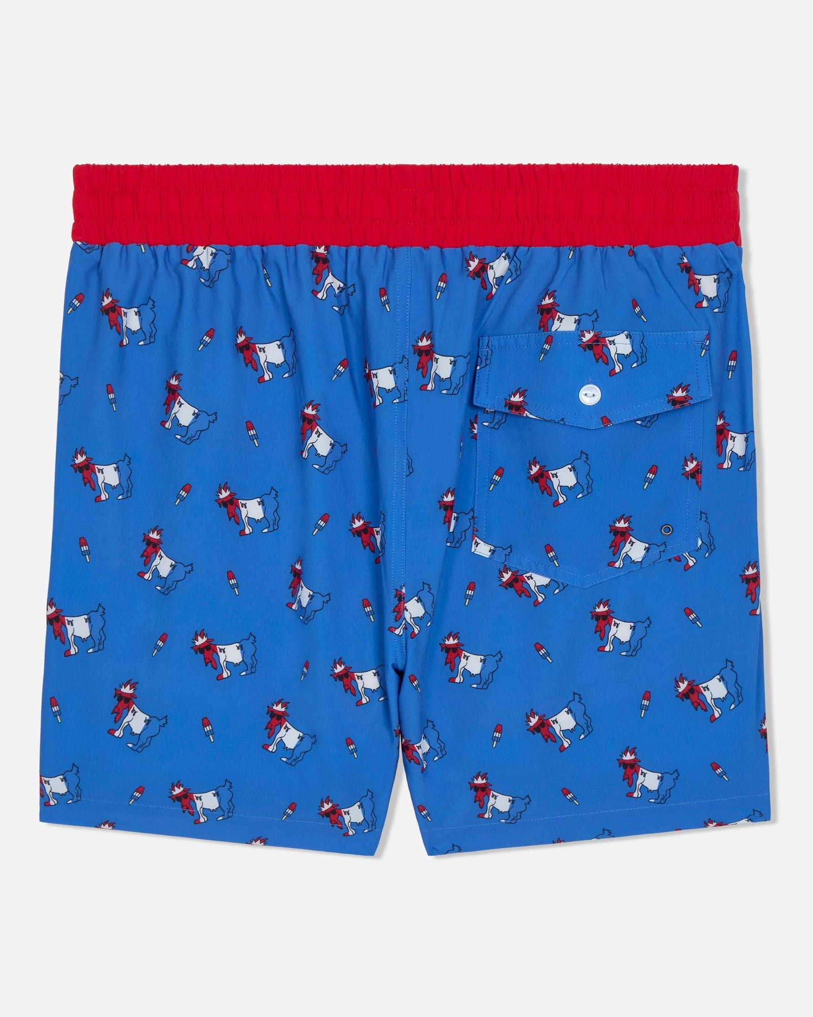 Blue swim shorts with a red waistband featuring a goat pattern on a white background
