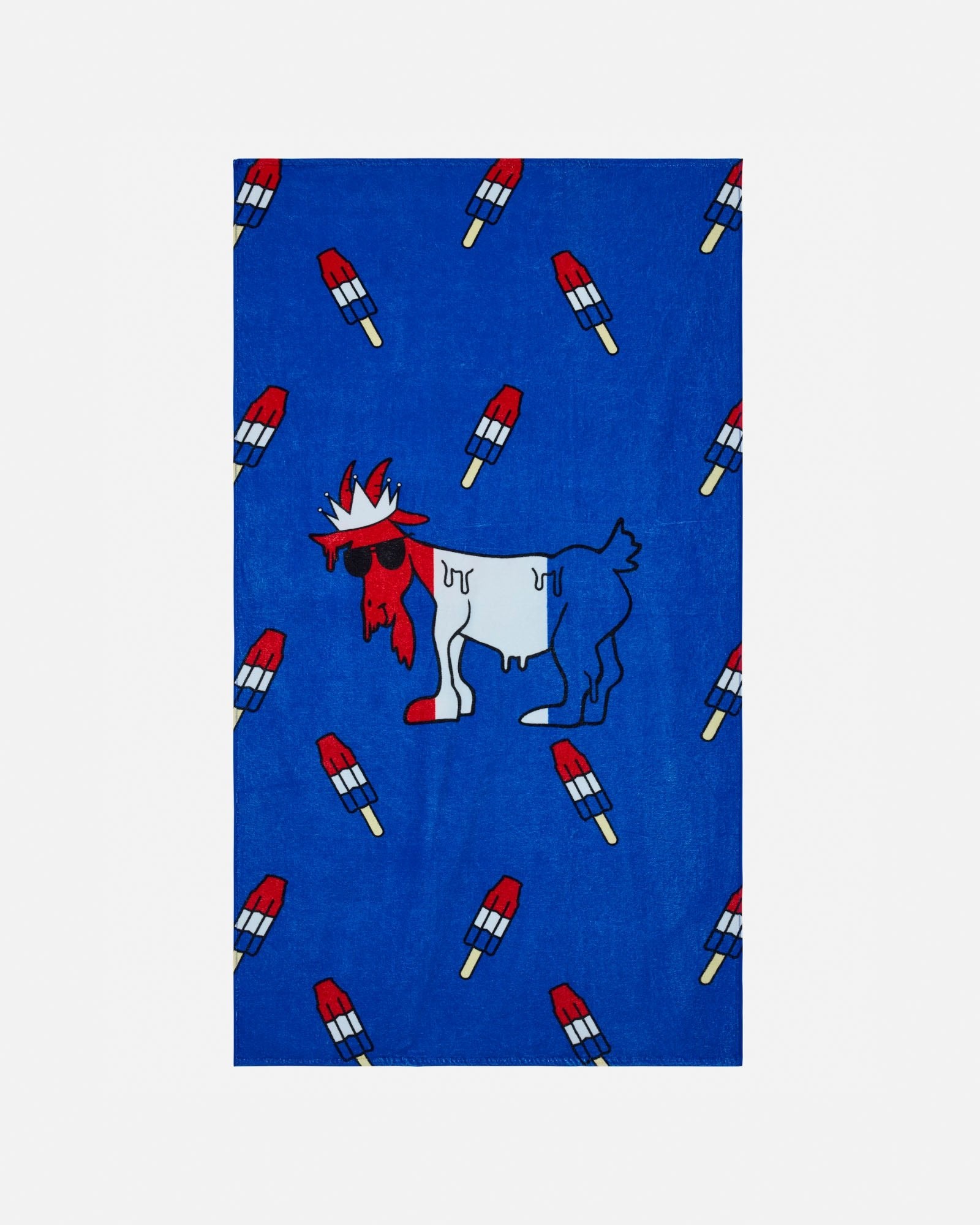 Beach towel with a goat that has a popsicle pattern on a light gray background