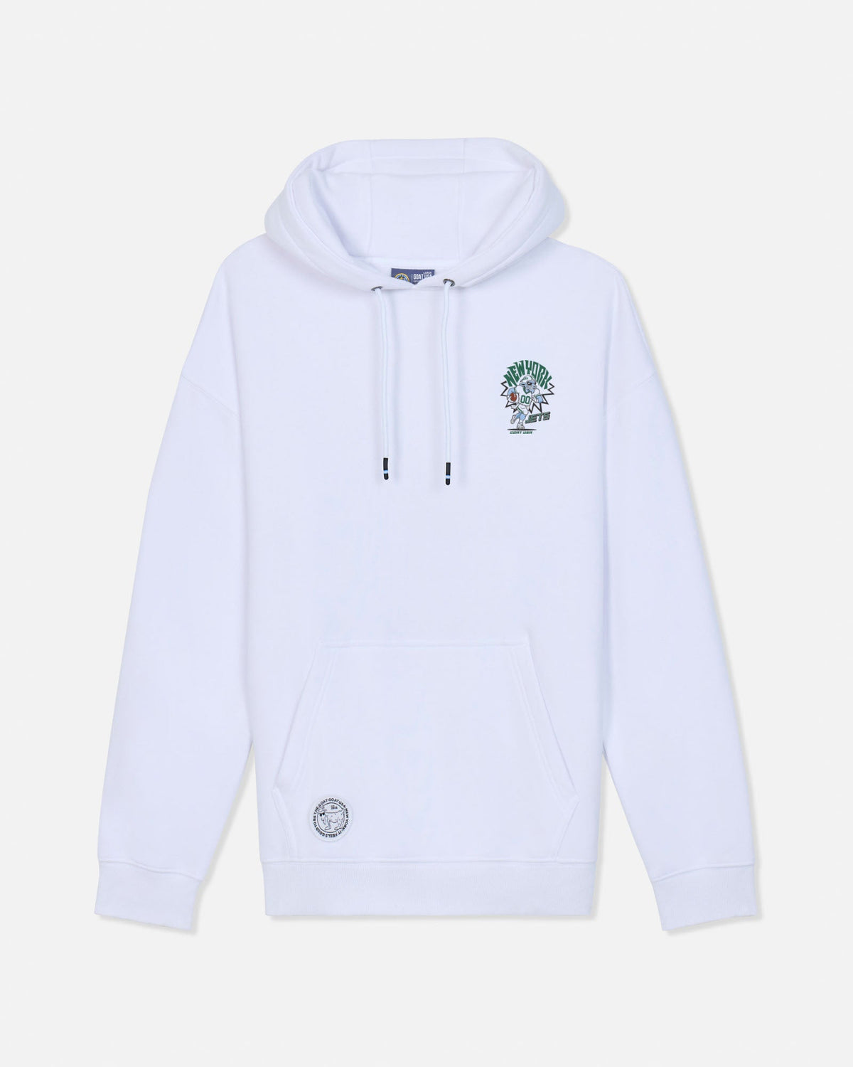 A white pullover hoodie with a small green and black graphic on the left chest and a circular silver emblem on the lower left front pocket, displayed against a light gray background.