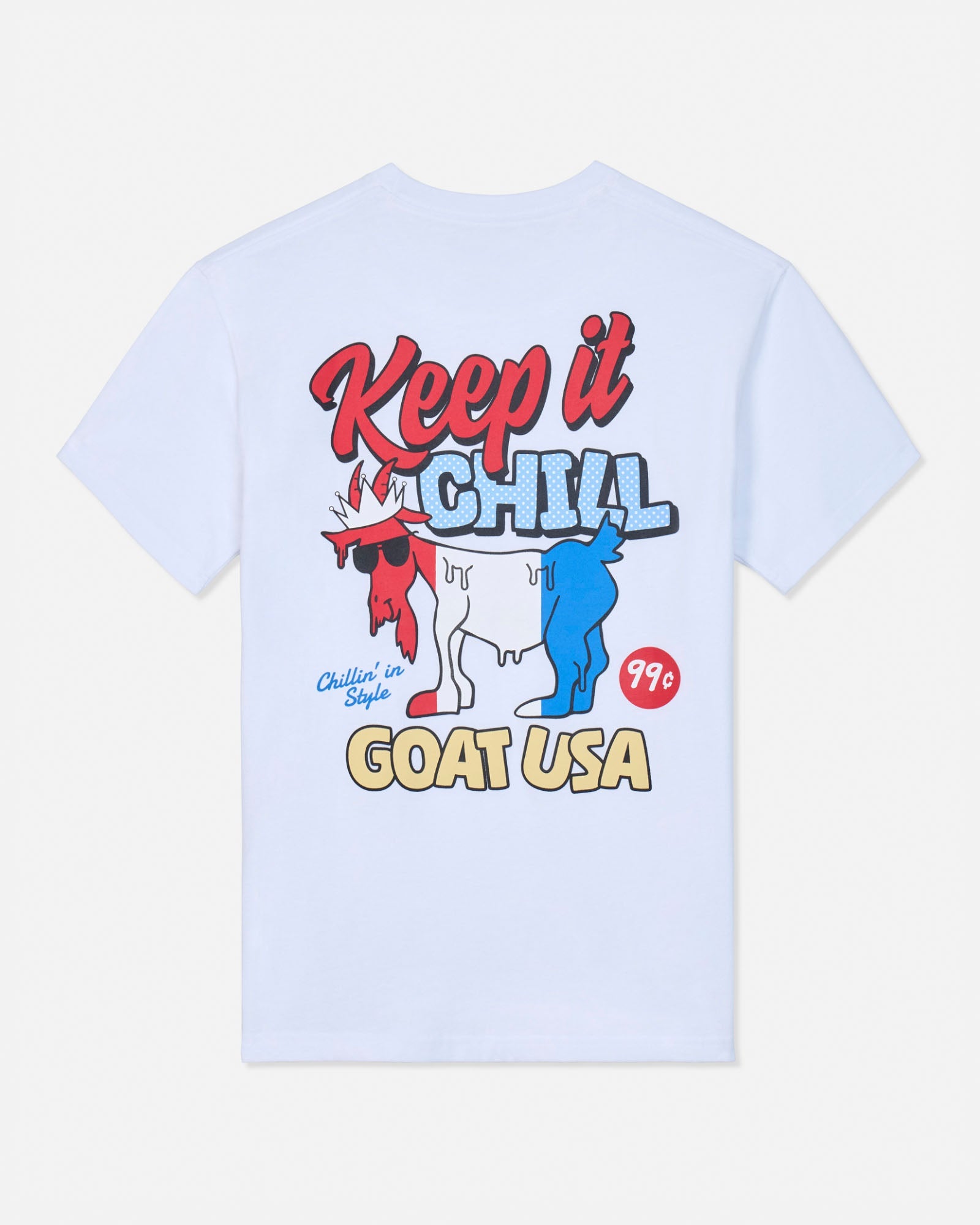 White t-shirt with colorful graphic and text on a white background