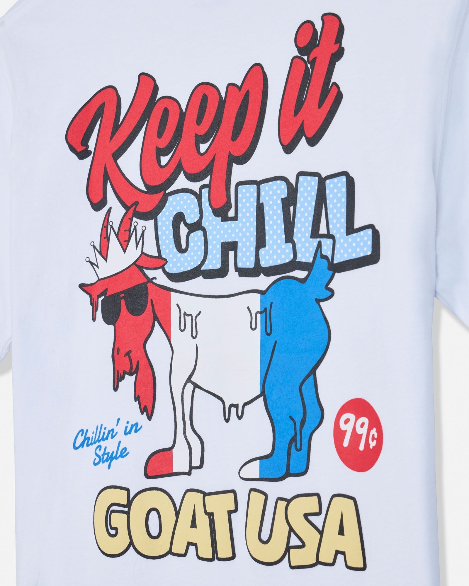 T-shirt with 'Keep it Chill' graphic and cartoon goat design on a white background