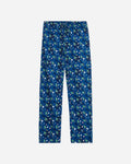 Front of navy pajama pants with space and alien goats pattern