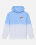A light blue and white gradient hoodie with a white speckled horizontal band across the lower half and a small shield logo on the left chest, displayed on a clean white background.