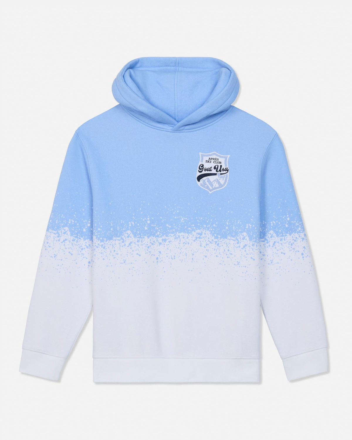 A light blue and white gradient hoodie with a white speckled horizontal band across the lower half and a small shield logo on the left chest, displayed on a clean white background.