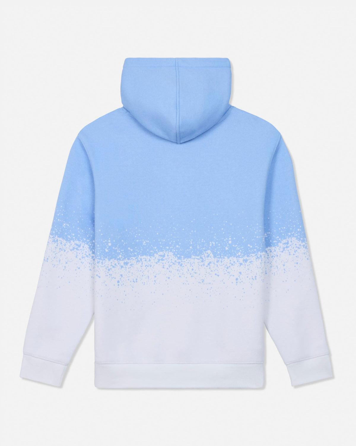 A light blue and white gradient hoodie shown from the back, featuring a speckled transition effect from light blue to white across the lower half, on a clean white background.