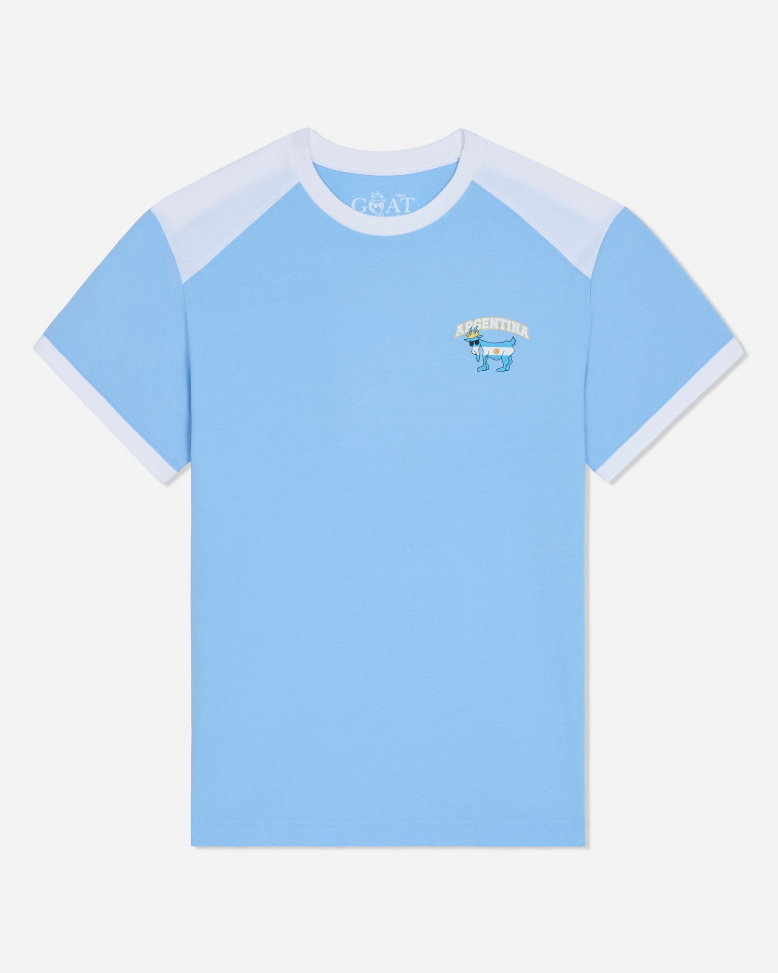 Light blue t-shirt with white and light blue sleeves on a white background
