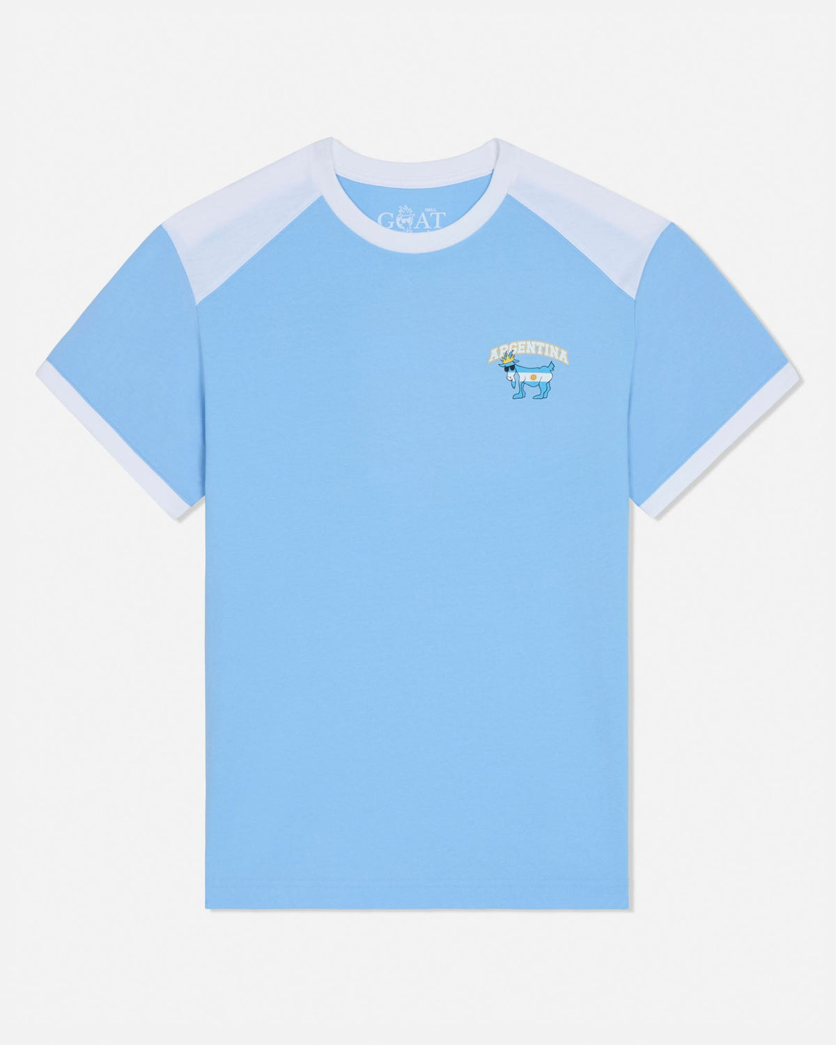 Light blue t-shirt with white and light blue sleeves on a white background