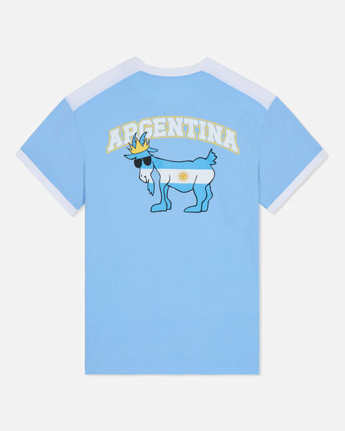 Light blue t-shirt with a graphic of a goat wearing sunglasses and a crown, and 'Argentina' text on a white background.