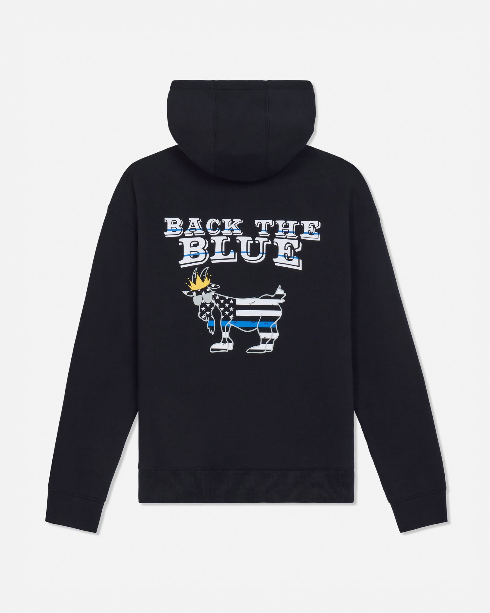 A black pullover hoodie shown from the back, featuring a graphic design with the text 'BACK THE BLUE' above a goat filled with a black-and-white American flag pattern and a blue stripe.