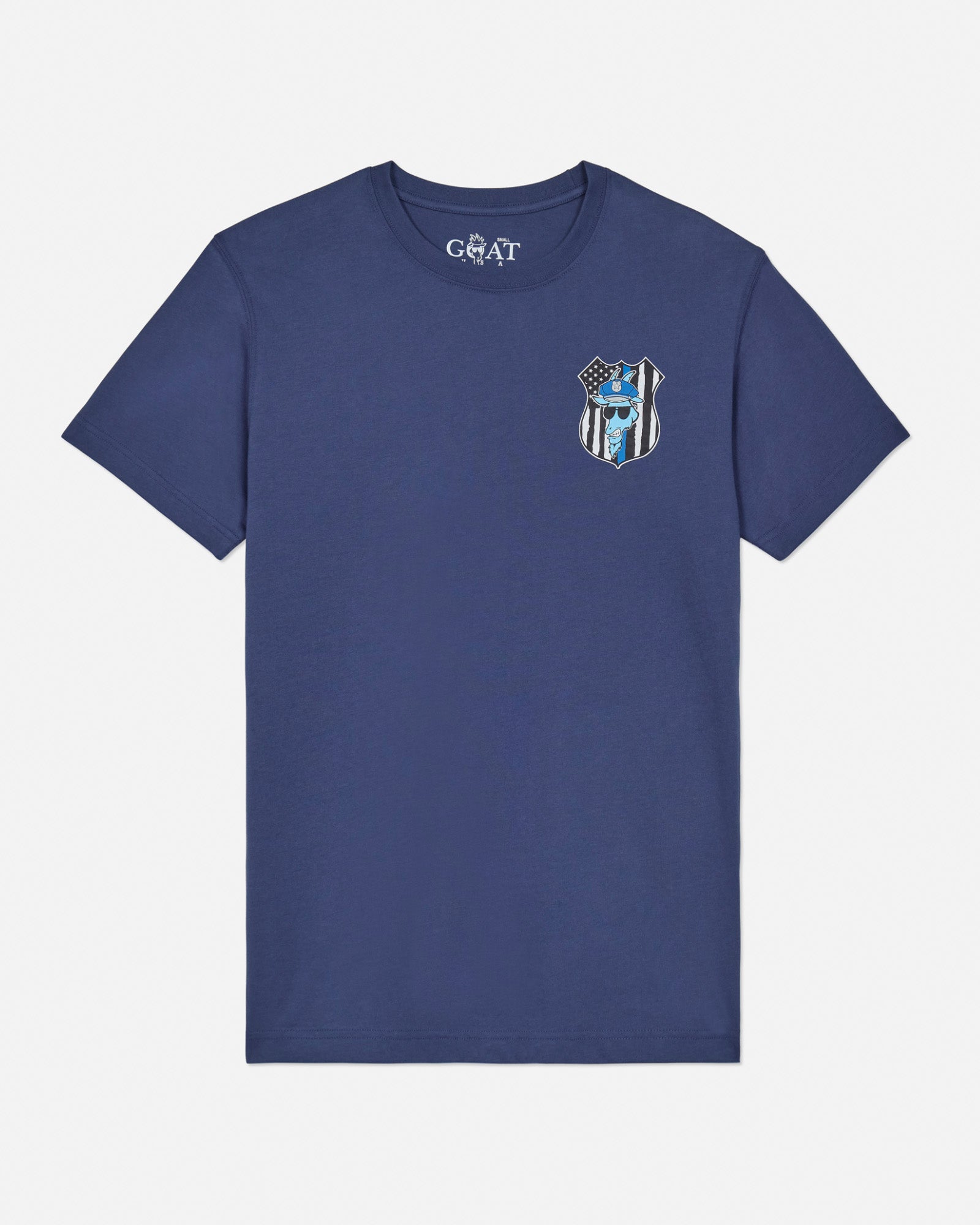 Front of navy back the blue t-shirt with cop goat left-chest logo