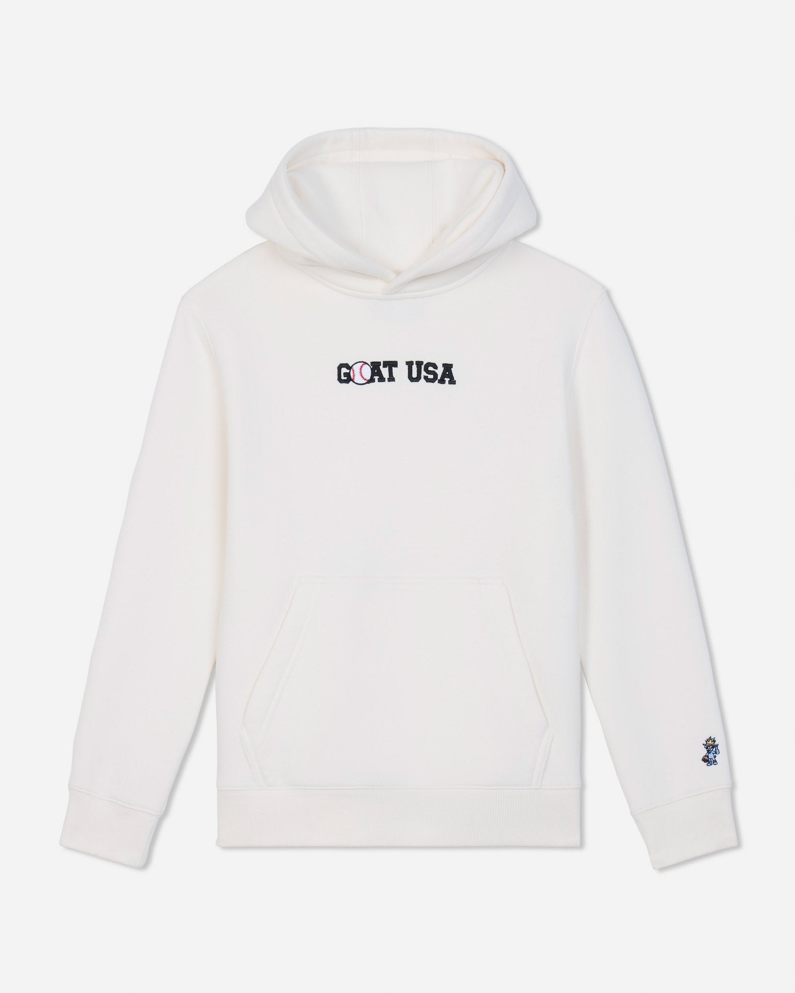 A white pullover hoodie with 'GOAT USA' printed in black across the chest and a small blue and white logo on the left sleeve cuff, shown against a light gray background.