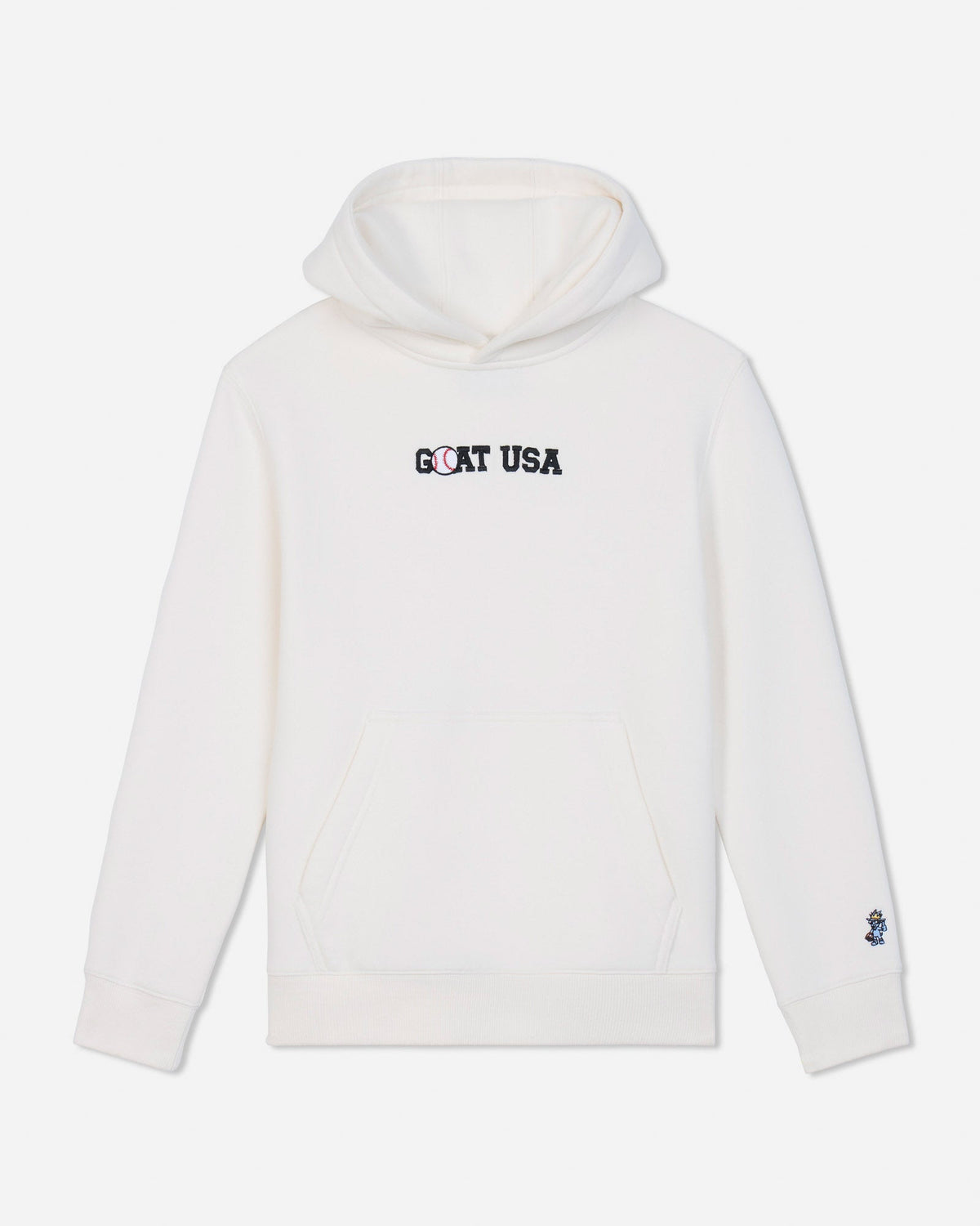 A white pullover hoodie with 'GOAT USA' printed in black across the chest and a small blue and white logo on the left sleeve cuff, shown against a light gray background.
