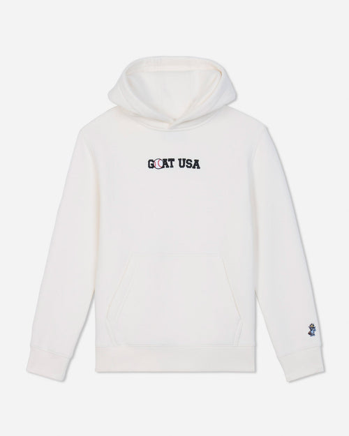 A white pullover hoodie with 'GOAT USA' printed in black across the chest and a small blue and white logo on the left sleeve cuff, shown against a light gray background.